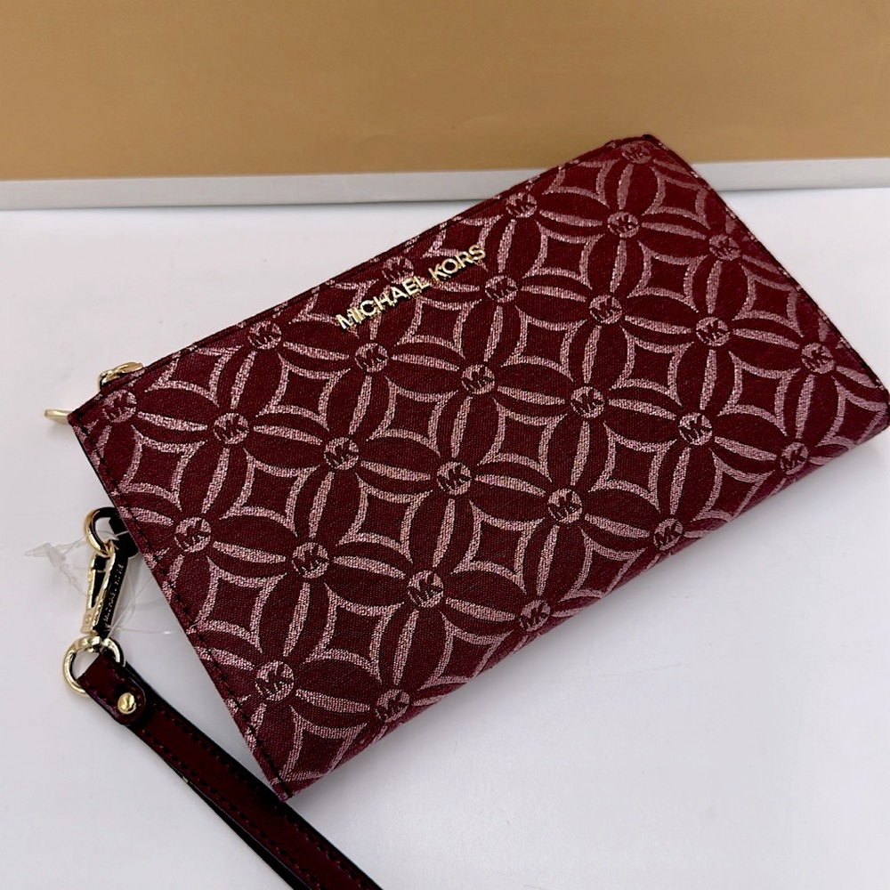 Michael Kors Jet Set Travel Lg Double-Zip Wristlet-Wallet-PhoneHolder Oxblood - Picture 11 of 15